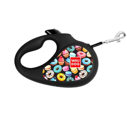Повідець-рулетка для собак WAUDOG R-leash, малюнок "Пончики", L, до 50 кг, 5 м, світловідбиваюча стрічка чорний — Фото 2