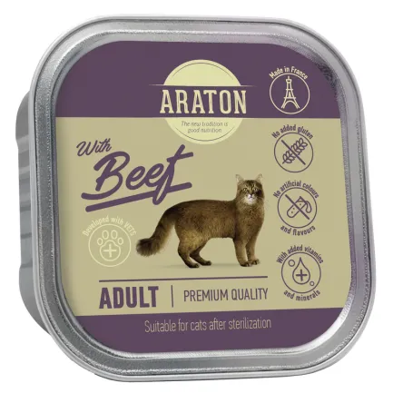 Вологий корм для дорослих стерилізованих котів з яловичиною ARATON Adult cat with beef, 85 г