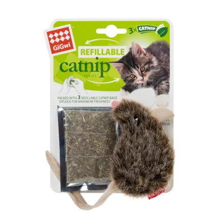 Іграшка для котів Мишка з котячої м'ятою GiGwi Catnip, штучне хутро, котяча м'ята, колір коричневий, 10 см — Фото 1