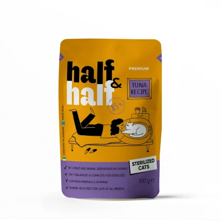 Корм вологий Half&amp;Half для стерилізованих котів, шматочки з тунцем у соусі у формі пауча, 100 г