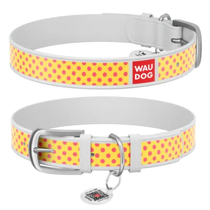 Нашийник WAUDOG Design з малюнком "Жовта полька", преміум шкіра, металева пряжка (ширина 12 мм, довжина 21-29 см) білий