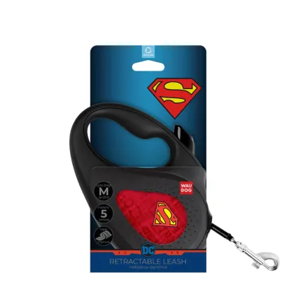 Повідець-рулетка для собак WAUDOG R-leash, малюнок "Супермен Лого червоний", M, до 25 кг, 5 м, світловідбиваюча стрічка чорний — Фото 1