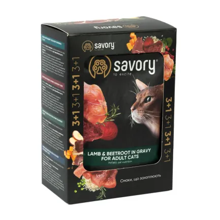 Набір вологих кормів Savory "3+1" для дорослих котів, ягня з буряком у соусі, паучі, 4 шт 85 г — Фото 1