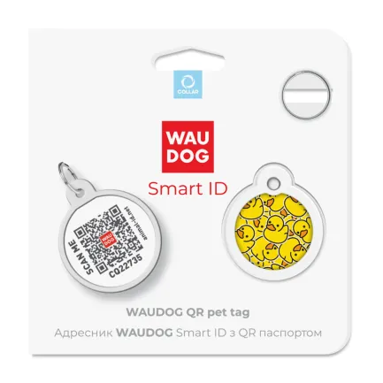 Адресник для собак та котів металічний WAUDOG Smart ID з QR паспортом, малюнок "Уточки", круг, Д 25 мм — Фото 4