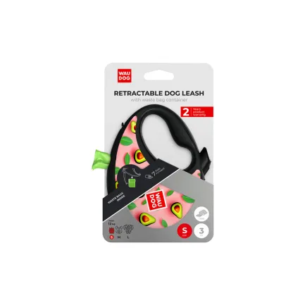 Повідець-рулетка для собак WAUDOG R-leash з контейнером для пакетів, малюнок "Авокадо на рожевому", світловідбивна стрічка, S, до 12 кг, 3 м — Фото 1