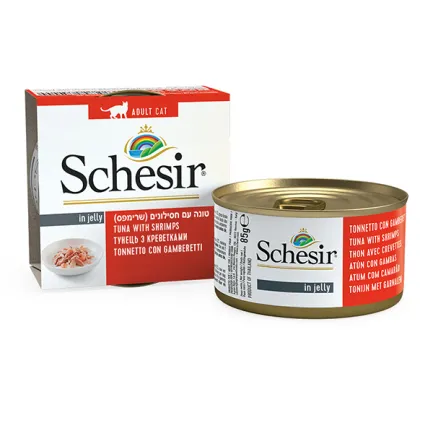 Schesir Tuna with Shrimps ШЕЗІР ТУНЕЦЬ З КРЕВЕТКАМИ в желе натуральні консерви для котів, вологий корм, банка 85г 0,085 кг — Фото 1