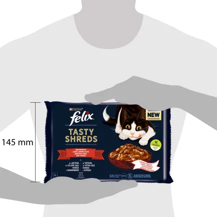 Вологий корм FELIX Tasty Shreds для дорослих котів мультипак: 2х80г з яловичиною та 2х80г з куркою — Фото 1