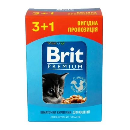 Набір паучів "3+1" для кошенят Brit Premium Cat pouch Chicken Chunks for Kitten з куркою, 4х100г — Фото 3