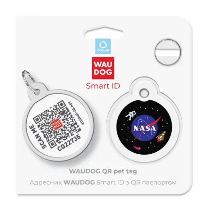 Адресник для собак і котів металевий WAUDOG Smart ID з QR паспортом, малюнок "NASA", коло, Д 30 мм — Фото 4