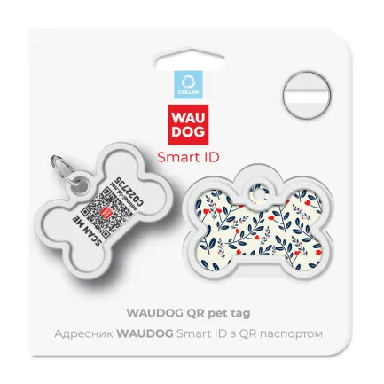 Адресник для собак і котів металевий WAUDOG Smart ID з QR паспортом, малюнок "Рослини", кістка, Д 40 мм, Ш 28 мм — Фото 4