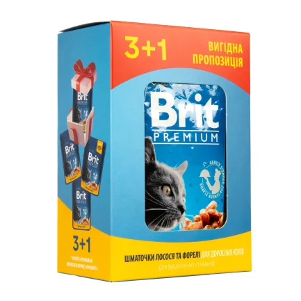 Набір паучів "3+1" для котів Brit Premium Cat pouch з лососем і фореллю, 4 х 100г — Фото 4