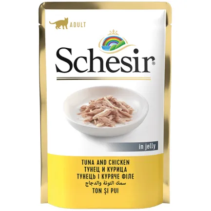 Schesir Tuna and Chicken ШЕЗІР ТУНЕЦЬ З КУРЯЧИМ ФІЛЕ в желе натуральні консерви для котів, вологий корм, пауч 85г 0,085 кг — Фото 1