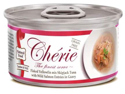Cherie 80g Signature Gravy Flaked Yellowfin mix Skipjack Tuna with Wild Salmon Entrеes in Gravy вологий корм для котів з ніжними шматочками жовтоперого тунця та дикого лосося в соусі