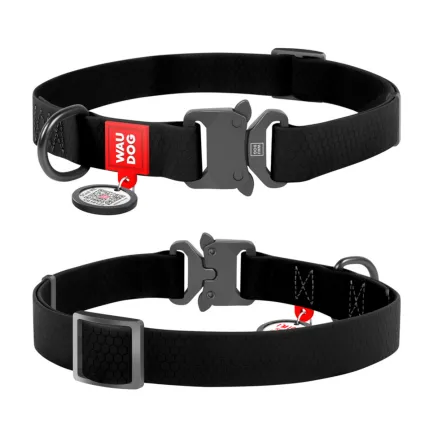 Нашийник для собак водостійкий WAUDOG Waterproof c QR паспортом, металічна пряжка-фастекс, Ш 25 мм, Дов 38-58 см, чорний — Фото 1