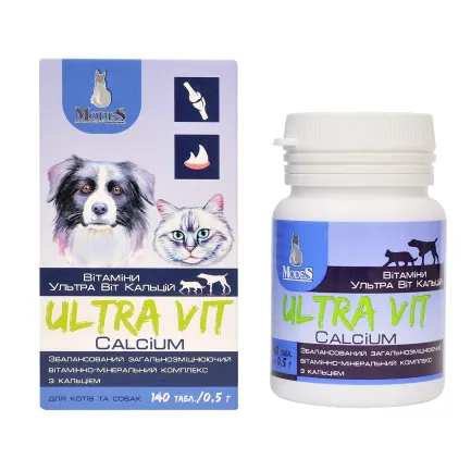 Ультра Віт Кальцій (Ultra Vit Calcium) вітамінно-мінеральні комплекси для собак та котів 140шт*0,5г, шт MODES — Фото 1