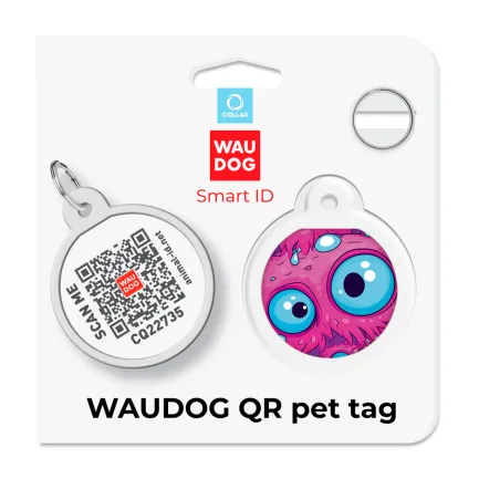 Адресник для собак і котів металевий WAUDOG Smart ID з QR паспортом, малюнок "Око монстра", коло, Д 25 мм — Фото 4