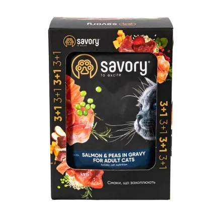 Набір паучів Savory Adult "3+1" для котів, лосось з горохом у соусі, 85 г — Фото 3