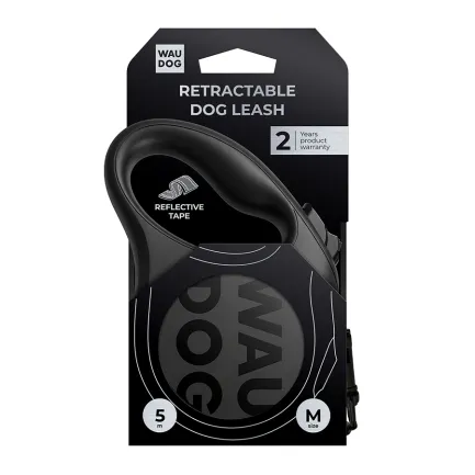 Повідець-рулетка для собак WAUDOG R-leash Monochrome Black, M, до 25 кг, 5 м, світловідбивна стрічка, чорна — Фото 2
