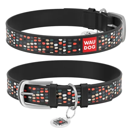 Нашийник WAUDOG Design з малюнком "Веселі крапки", преміум шкіра, металева пряжка (ширина 15 мм, довжина 27-36 см) чорний