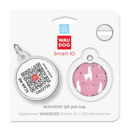 Адресник для собак і котів металевий WAUDOG Smart ID з QR паспортом, малюнок "Лами", коло, Д 30 мм — Фото 4