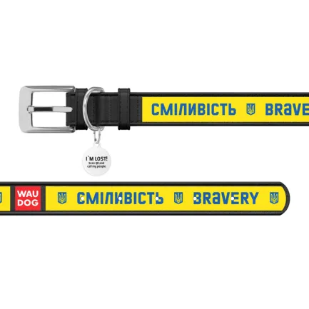 Нашийник для собак шкіряний WAUDOG Design з QR паспортом, малюнок "Сміливість", M, Ш 20 мм, Дов 29-38 см, чорний — Фото 2