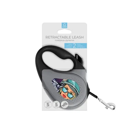 Повідець-рулетка для собак WAUDOG R-leash, малюнок "Ракетобудування", світловідбиваюча стрічка, S, до 15 кг, 5 м чорний — Фото 1