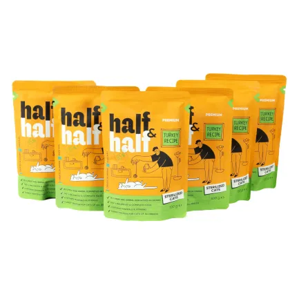 Набір вологих кормів Half&amp;Half "5+1" для стерилізованих котів, шматочки з індичкою в желе, паучі, 6 шт*100 г — Фото 1