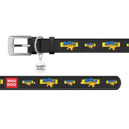 Нашийник для собак шкіряний WAUDOG Design з QR паспортом, малюнок "Дім", L, Ш 25 мм, Дов 38-49 см чорний — Фото 2