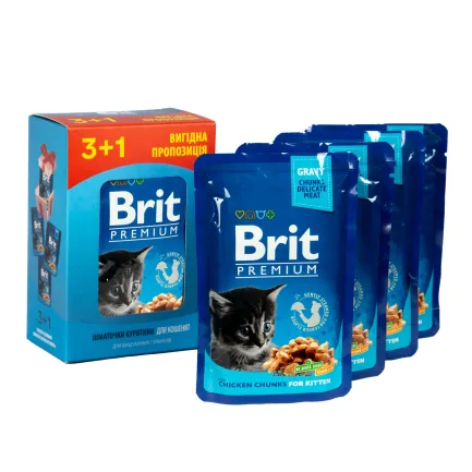 Набір паучів "3+1" для кошенят Brit Premium Cat pouch Chicken Chunks for Kitten з куркою, 4х100г — Фото 4