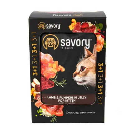 Набір паучів Savory Kitten "3+1" для кошенят, ягня з гарбузом у желе, 85 г — Фото 3