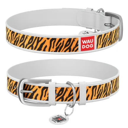 Нашийник WAUDOG Design з малюнком "Тигр", преміум шкіра, металева пряжка (ширина 15 мм, довжина 27-36 см) білий