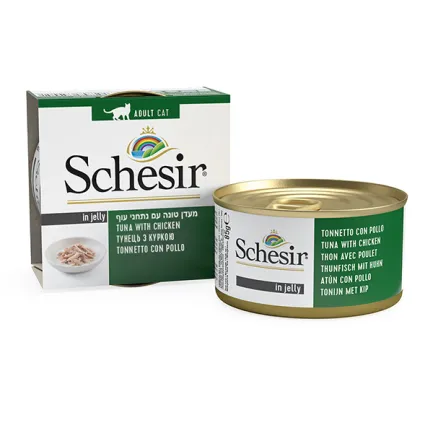 Schesir Tuna Chicken ШЕЗІР ТУНЕЦЬ З КУРЯЧИМ ФІЛЕ в желе натуральні консерви для котів, вологий корм, банка 85г 0,085 кг — Фото 1