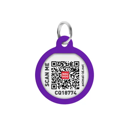 Адресник для собак і котів металевий WAUDOG Smart ID з QR паспортом, малюнок "Градієнт фіолетовий", коло, Д 25 мм — Фото 1