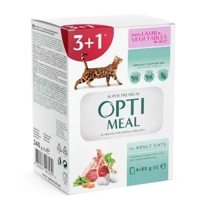 Вологий корм Optimeal для котів з ягням та овочами в желе 4 х 85