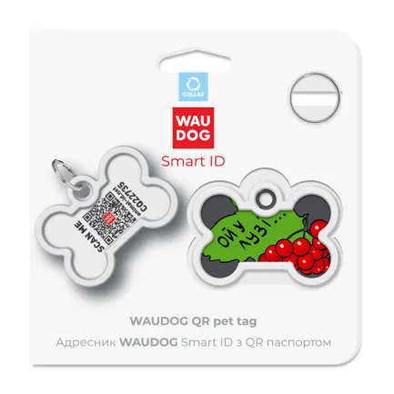 Адресник для собак і котів металевий WAUDOG Smart ID з QR паспортом, малюнок "Калина", кістка, Д 40 мм, Ш 28 мм — Фото 4