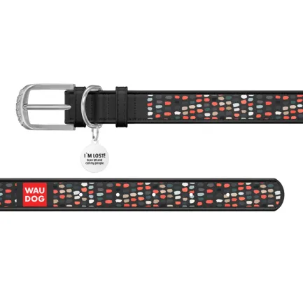 Нашийник WAUDOG Design з малюнком "Веселі крапки", преміум шкіра, металева пряжка (ширина 15 мм, довжина 27-36 см) чорний — Фото 2
