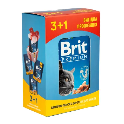 Набір паучів "3+1" для котів Brit Premium Cat pouch з лососем і фореллю, 4 х 100г