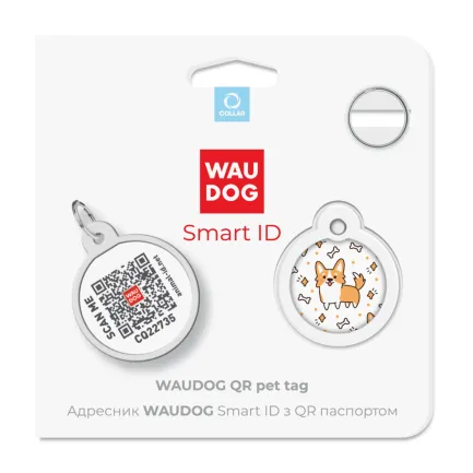 Адресник для собак та котів металічний WAUDOG Smart ID з QR паспортом, малюнок "Коргі", круг, Д 25 мм — Фото 4