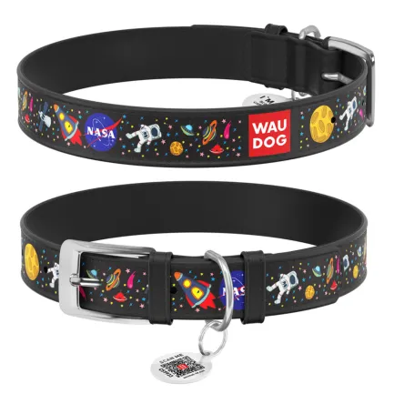 Нашийник для собак шкіряний WAUDOG Design з QR паспортом, малюнок "NASA", Ш 25 мм, Дов 38-49 см чорний