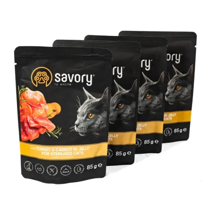 Набір паучів Savory Sterilised "3+1" для стерилізованих котів, індичка з морквою в желе, 85 г — Фото 2