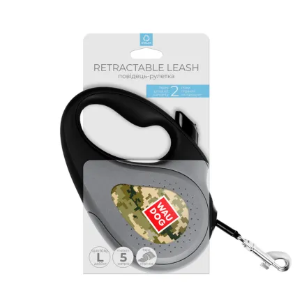 Повідець-рулетка для собак WAUDOG R-leash, малюнок "Мілітарі", L, до 50 кг, 5 м, світловідбиваюча стрічка — Фото 1
