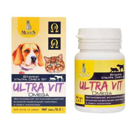 Ультра Віт Омега (Ultra Vit Omega) вітамінно-мінеральні комплекси для собак та котів 140шт*0,5г MODES — Фото 1