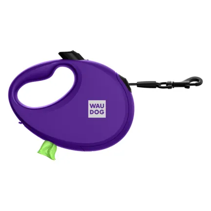 Повідець-рулетка для собак WAUDOG R-leash з контейнером для пакетів, світловідбивна стрічка, M, до 20 кг, 5 м, фіолетовий — Фото 1