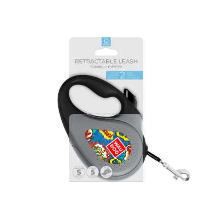 Повідець-рулетка для собак WAUDOG R-leash, малюнок "ВАУ", S, до 15 кг, 5 м, світловідбиваюча стрічка чорний — Фото 2