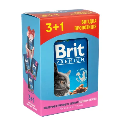 Набір паучів "3+1" для котів Brit Premium Cat pouch Chicken &amp; Turkey з куркою та індичкою, 4х100г