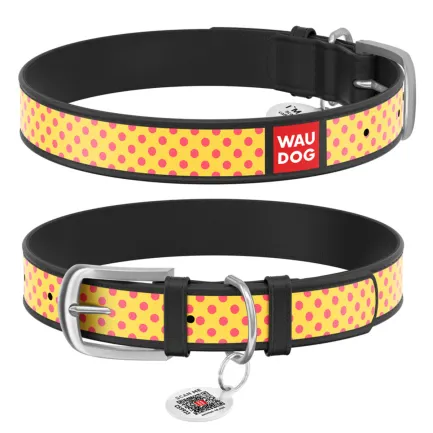 Нашийник WAUDOG Design з малюнком "Жовта полька", преміум шкіра, металева пряжка (ширина 15 мм, довжина 27-36 см) чорний