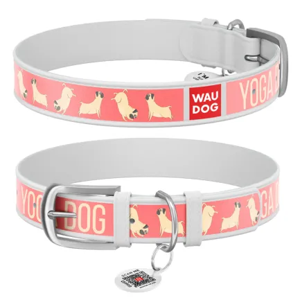 Нашийник WAUDOG Design з малюнком "Йога-пес", преміум шкіра, металева пряжка (ширина 15 мм, довжина 27-36 см) білий