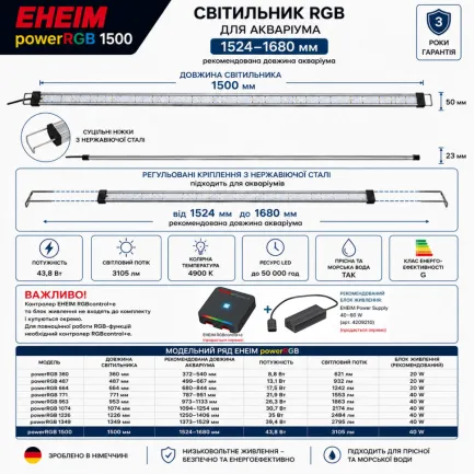 Світильник RGB EHEIM powerRGB 1500 для акваріума 1524-1680мм (4259050) — Фото 2