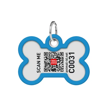 Адресник для собак і котів металевий WAUDOG Smart ID з QR паспортом, малюнок "Градієнт блакитний", кістка, Д 40 мм, Ш 28 мм — Фото 1