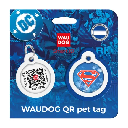 Адресник для собак і котів металевий WAUDOG Smart ID з QR паспортом, малюнок "Супермен ретро", коло, Д 30 мм — Фото 4